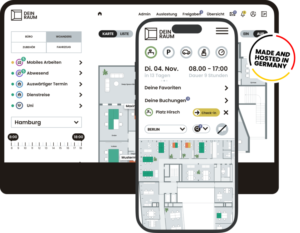 DEIN RAUM Desksharing Software Desktop- und Mobile-Ansicht mit Büroplan, Buchungsoptionen und Check-in-Funktion sowie dem Badge Desksharing-Made-in-Germany-DSGVO konform.