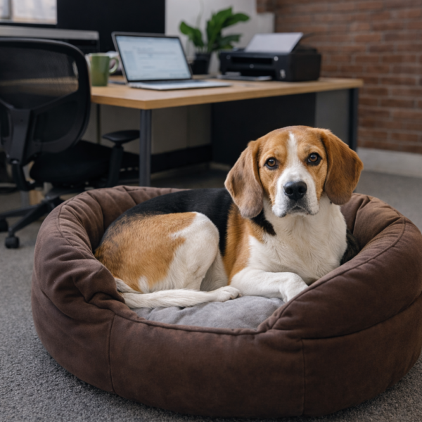 Beagle liegt entspannt in einem Hundekörbchen in einem modernen Büro mit Schreibtisch und Laptop im Hintergrund.