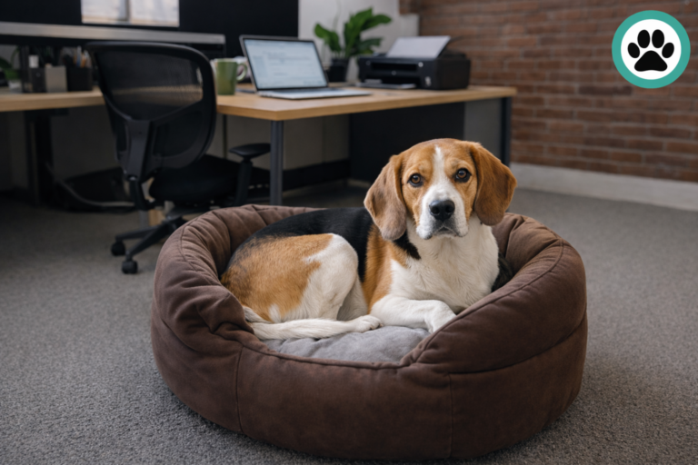 Beagle liegt entspannt in einem Hundekörbchen in einem modernen Büro mit Schreibtisch und Laptop im Hintergrund.