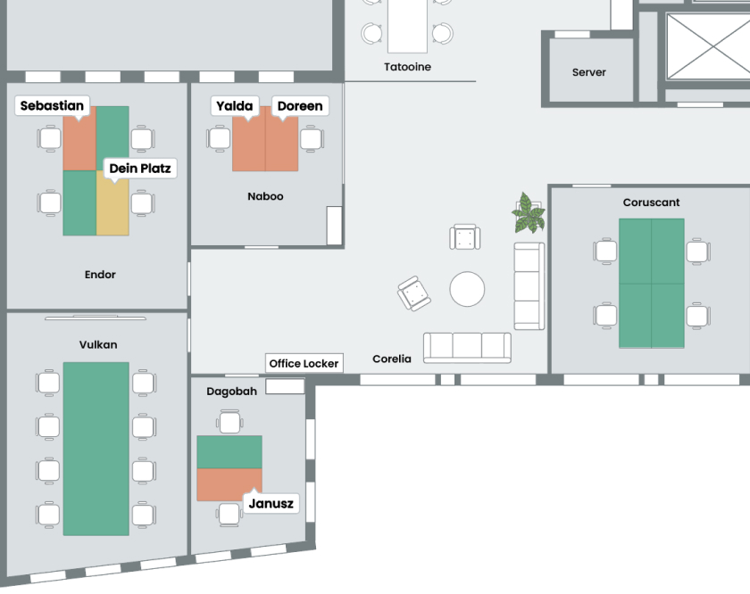 Nachher: Interaktiver Büroplan mit farbig markierten Arbeitsplätzen, Raumnamen und Buchungsstatus