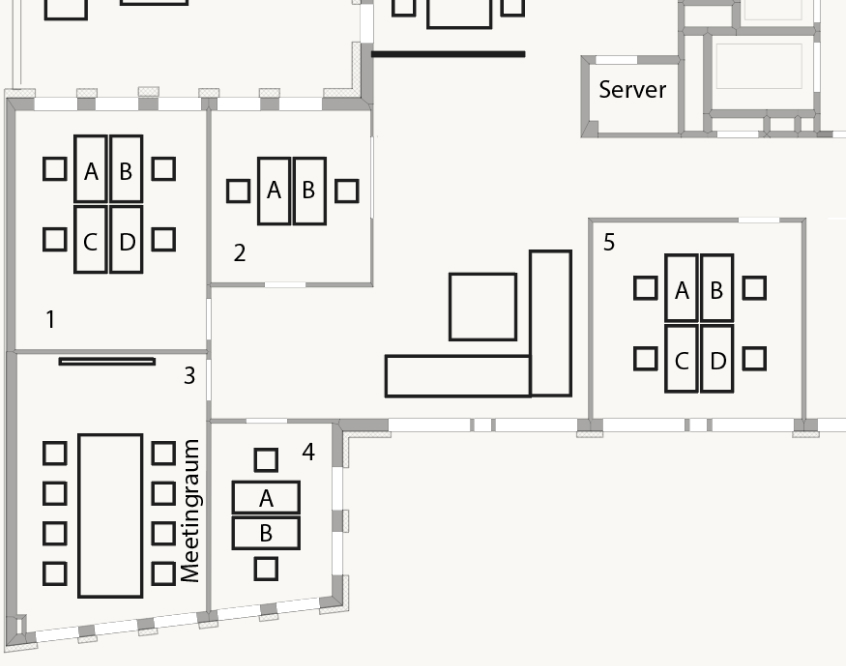 Vorher: Büro-Grundriss mit nummerierten Räumen, Arbeitsplätzen A–D, Meetingraum und Serverraum
