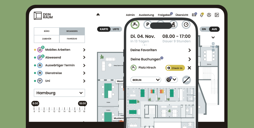 DEIN RAUM Desk-Sharing: Desktop-Ansicht mit interaktivem Bürogrundriss, Standortauswahl Hamburg, Zeitraumleiste und Statusoptionen wie Mobiles Arbeiten, Abwesend oder Dienstreise. Daneben die mobile App-Ansicht mit Tagesbuchung, Check-in für Platz Hirsch, Favoritenliste und Standortwechsel zwischen Berlin und weiteren Büros.