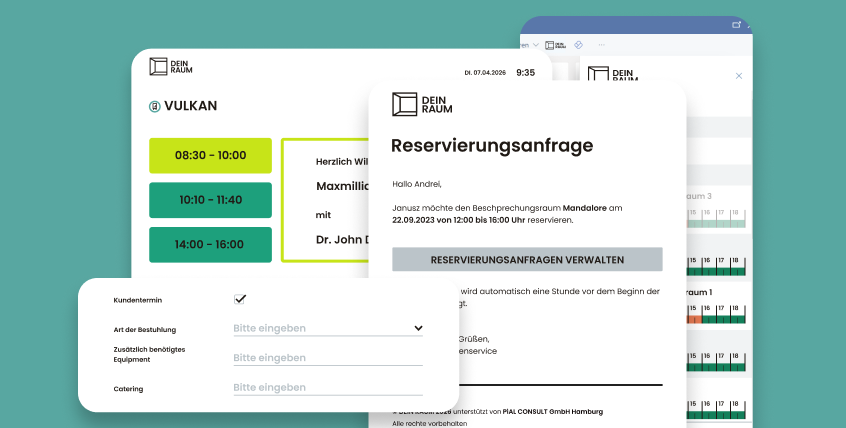 DEIN RAUM Raumbuchung: Buchungsansicht für Konferenzraum Vulkan mit Zeitslots, Formularfeldern für Kundentermin, Bestuhlung, Equipment und Catering. Daneben eine E-Mail-Benachrichtigung zur Reservierungsanfrage mit Freigabe-Button. Im Hintergrund die mobile Kalenderansicht mit Raumbelegungsübersicht.