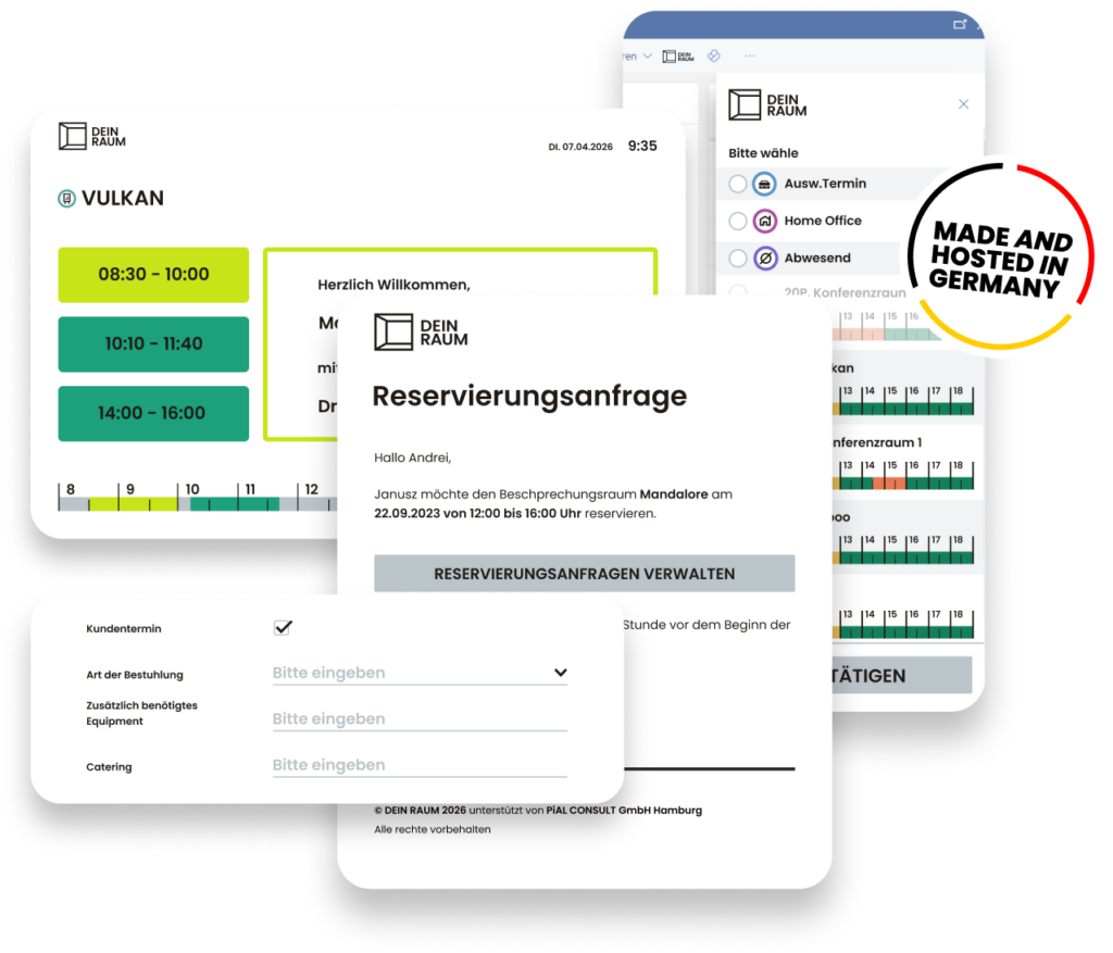 Benutzeroberfläche eines Raumbuchungssystems mit Kalenderansicht, Reservierungsanfrage und mobiler Raum­buchung in der DEIN‑RAUM‑Software.