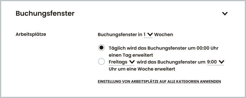 Einstellungsbereich im Raumbuchungssystem zur Definition des Buchungsfensters für Arbeitsplätze nach Tagen oder Wochen.