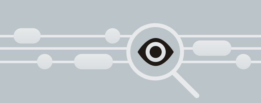 Eine abstrakte Darstellung mit einer Lupe und einem Auge über verbundenen Linien, die Übersicht und Sichtbarkeit im Raumbuchungssystem symbolisiert.