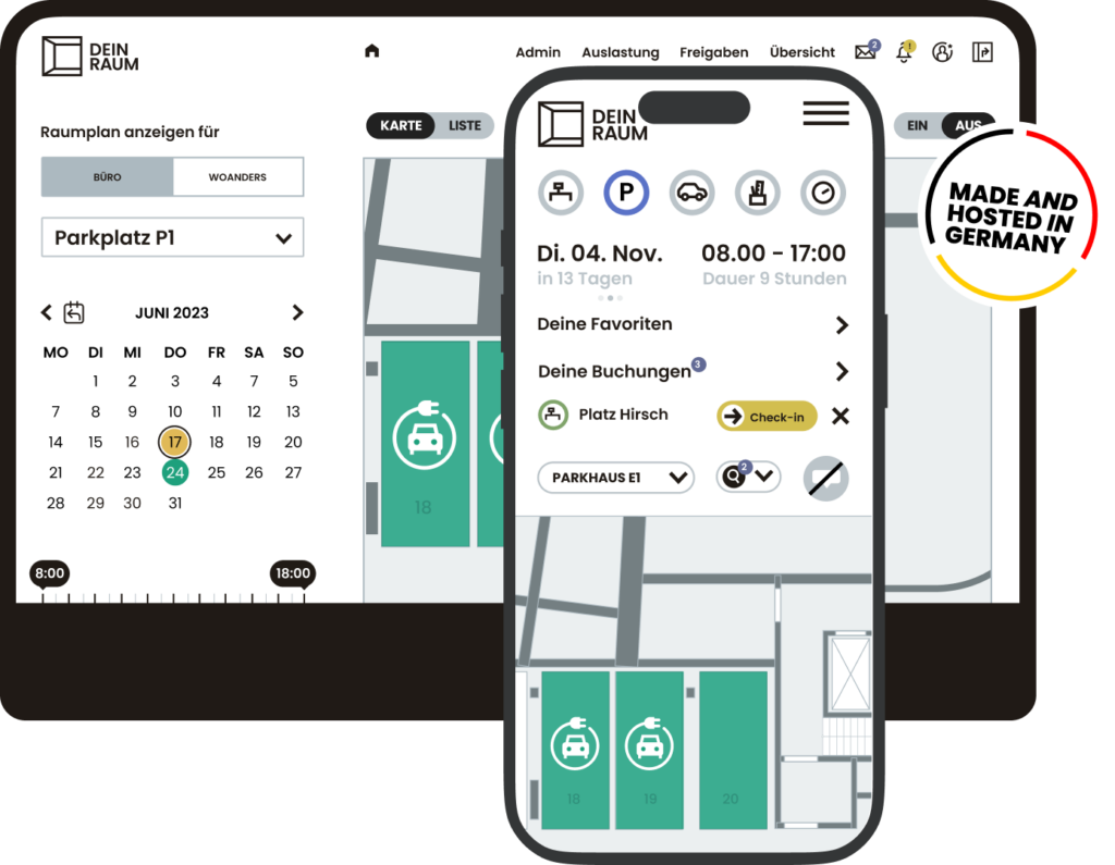 Benutzeroberfläche der DEIN RAUM Parkplatz Software mit mobiler App und Desktop-Ansicht zur Buchung und Verwaltung von Stellplätzen.