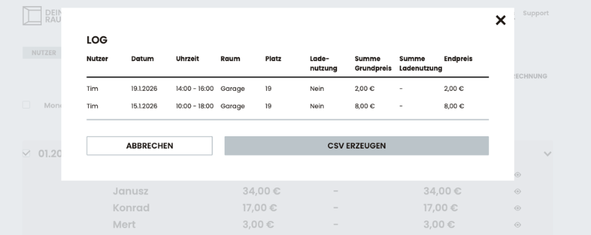 Kostenübersicht der Parkplatz Software mit Park- und Ladegebühren pro Nutzer und CSV-Export für die Abrechnung