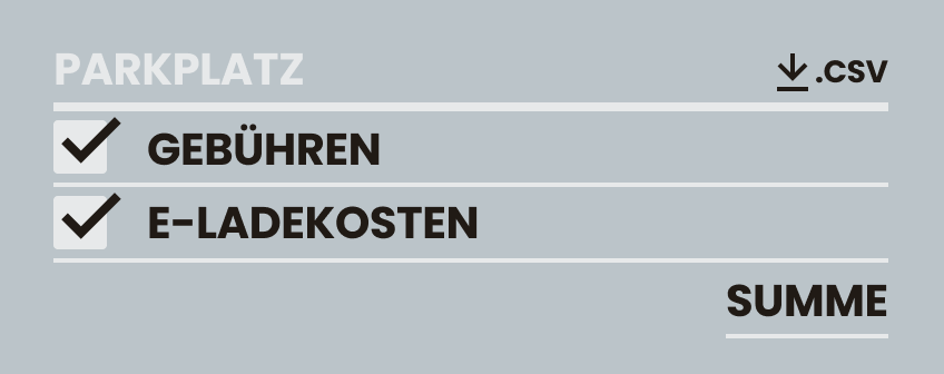 Übersicht in einer Parkplatz Software mit Gebühren, E-Ladekosten und Exportfunktion als CSV sowie Gesamtsummenanzeige.