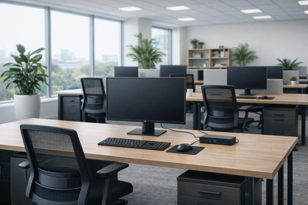 Modern open-plan office with several clean, unoccupied desks and locked computer screens.