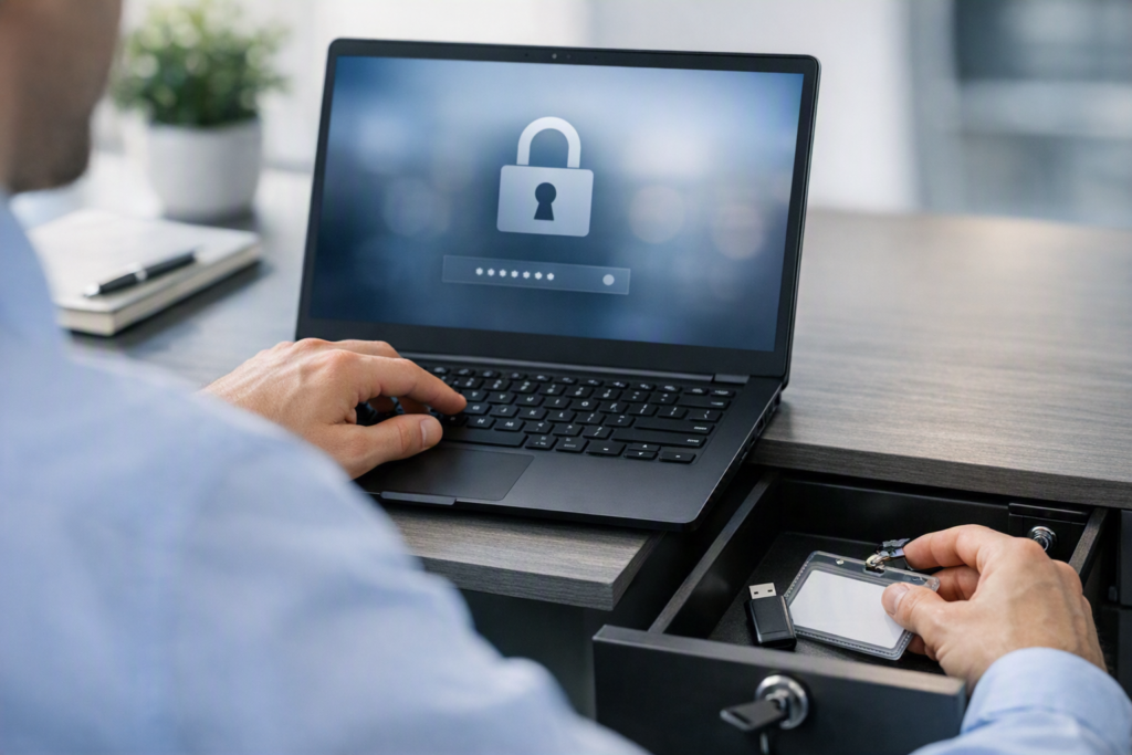 Hands locking a laptop and placing a USB drive and company ID card into a lockable desk drawer.
